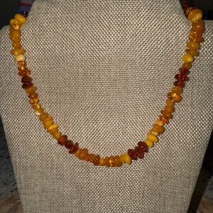 Vintage Amber Look Chip Necklace 18” Resin Beads 925 Sterling Clasp